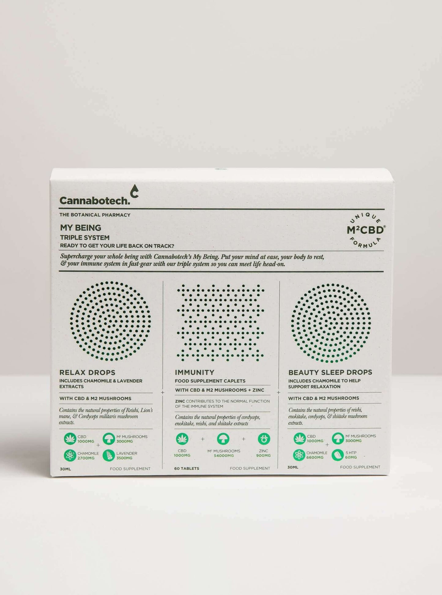 My Being Triple System: Immunity Food Supplement, Beauty Sleep Drops, and Relax Drops.