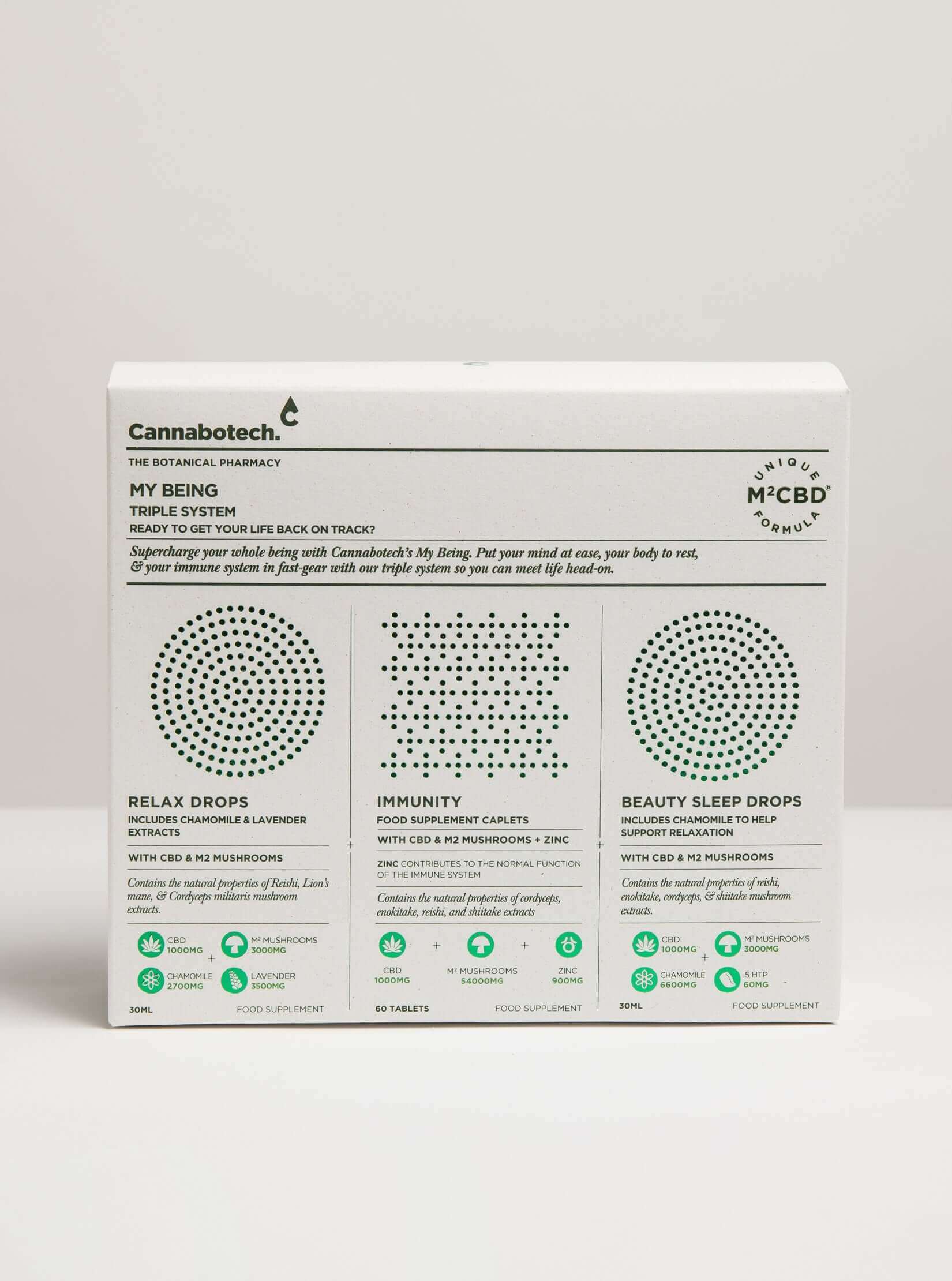 My Being Triple System: Immunity Food Supplement, Beauty Sleep Drops, and Relax Drops.